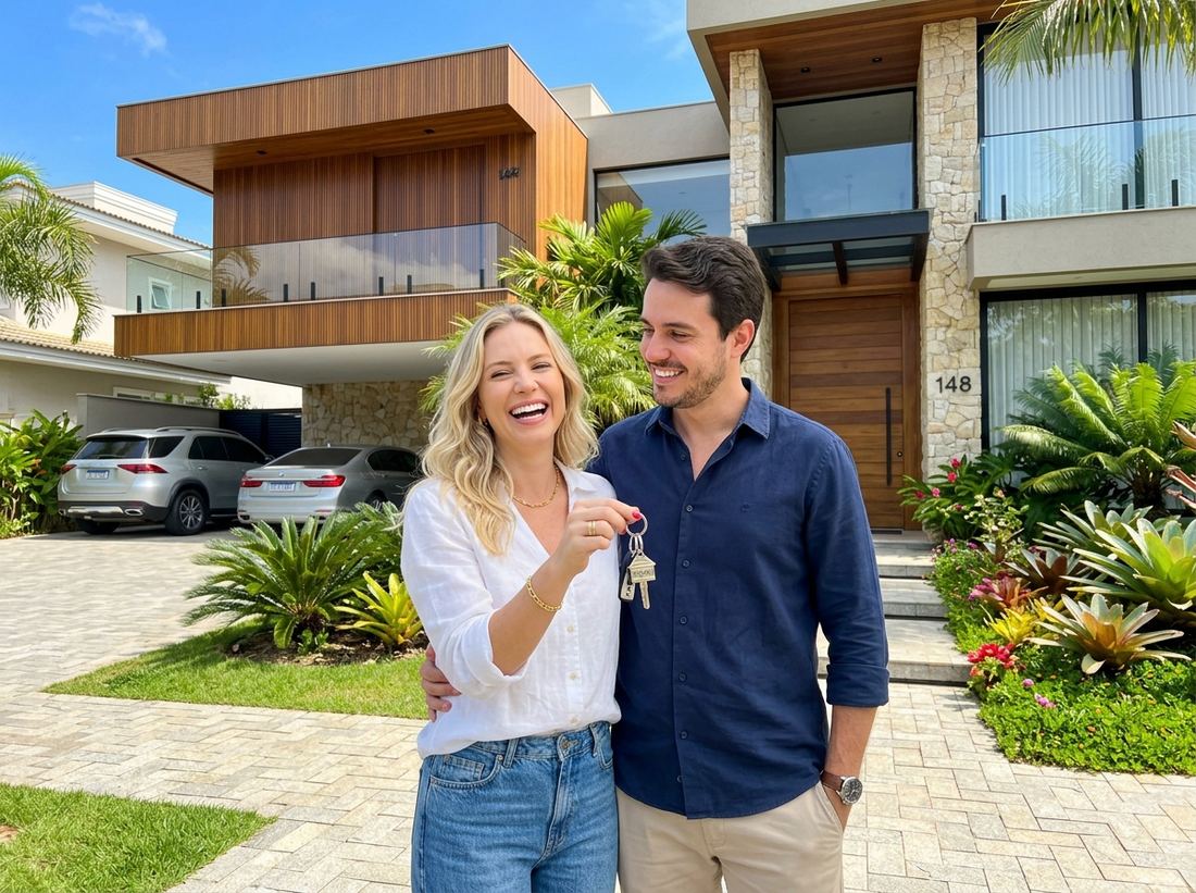 Casal sorridente segurando a chave da casa própria